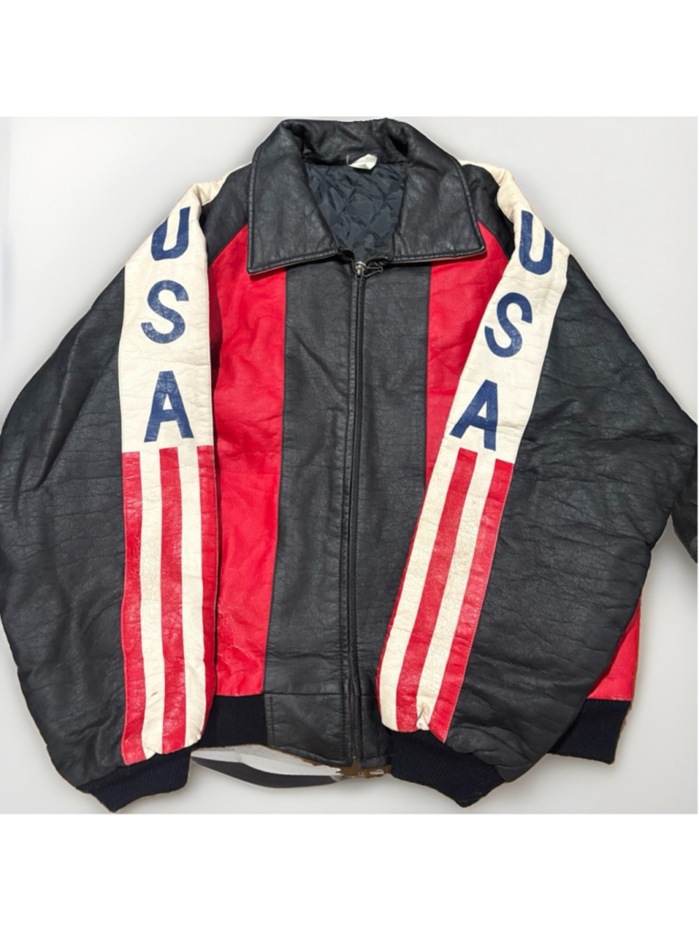 Vintage 90s USA Flag Bomber Jacket XL Faux Leather Americana Red White Blue